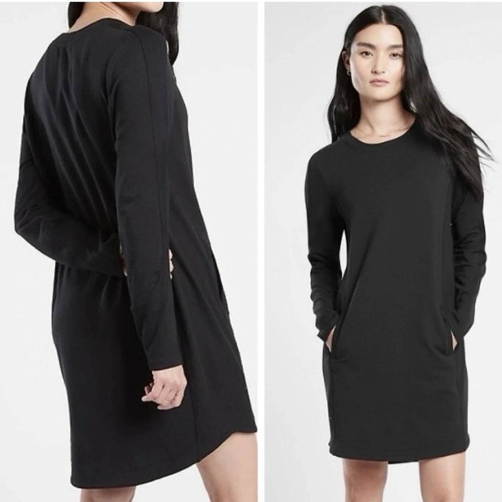 Athleta Balance Dress Long Sleeve French Terry Sweatshirt Pockets Black M Casual